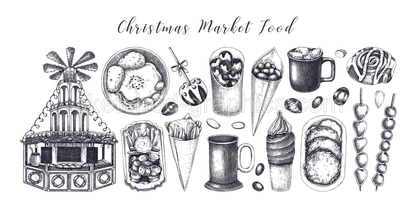 Christmas market design elements. Hand drawn vector illustration. Traditional winter holiday marketplace. Wooden stall kiosk.  Bakery, fast food, mulled wine, sweets sketches Illustration